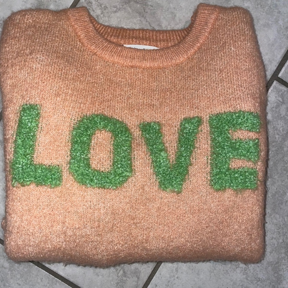 NEWBURY KUSTOM LOVE Pullover Peach Green Long Sleeve Sweater Size S